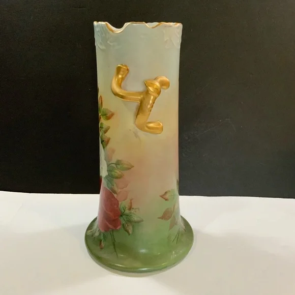 Large Vase Porcelain Roses Gold tone Trim Signed 12 inches Tall Vintage